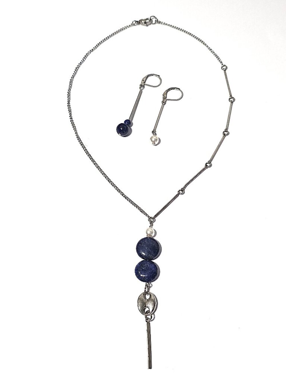 Lapis Lazuli & faux pearl necklace & earrings  set